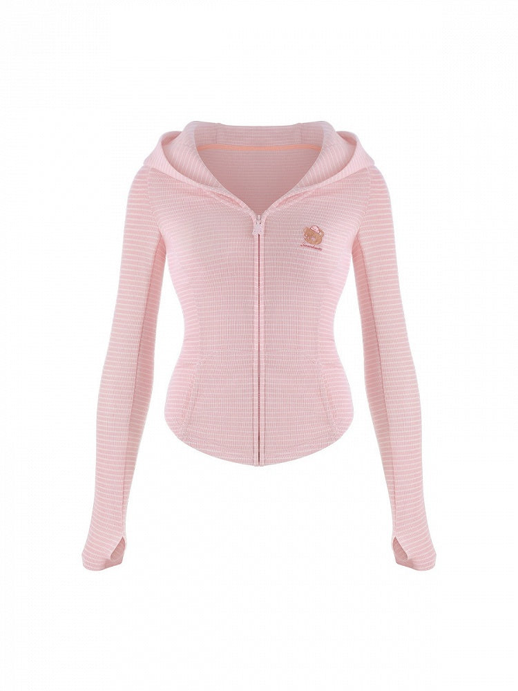 Pink Striped Hooded Jacket with Bear Embroidery & Fitted Silhouette - serendipity