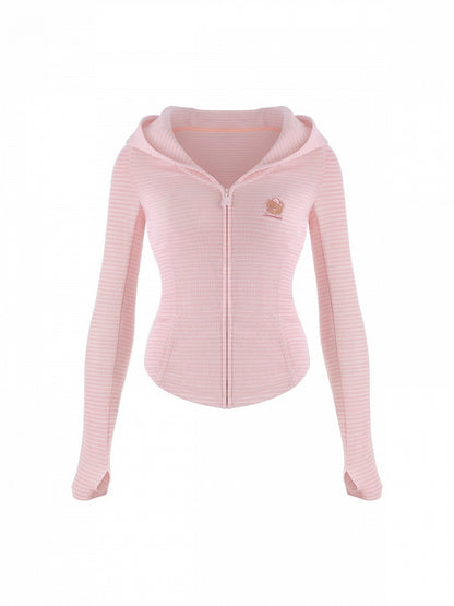 Pink Striped Hooded Jacket with Bear Embroidery & Fitted Silhouette - serendipity