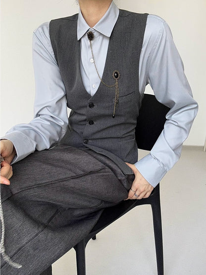 Button-Front  Gray Ouji Lolita Closure V-Neck Vest with Suit