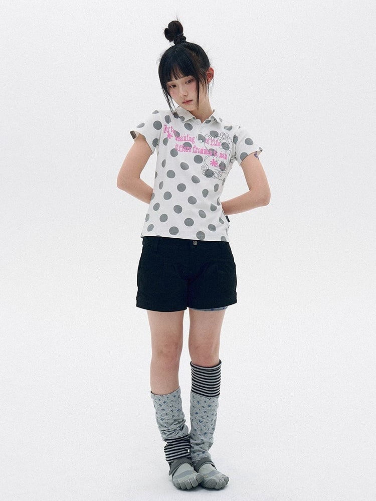 White Gray Polka Dot Polo Shirt with Letter Print - innomoood