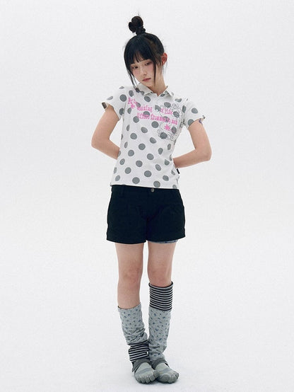 White Gray Polka Dot Polo Shirt with Letter Print - innomoood