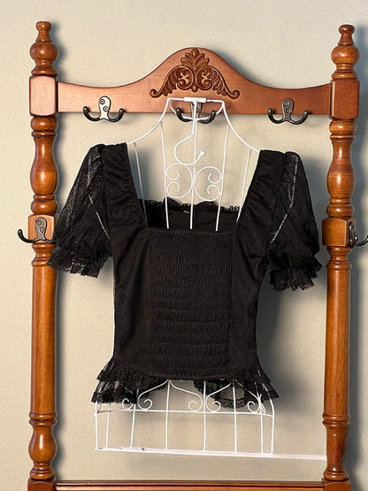 Neckline Short Blouse 89-108CM Black for Sleeves L Clearance-Size Square Bust