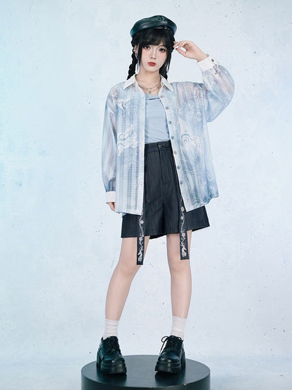 Black Denim-Effect Wide-Leg Shorts with Detachable Chinese Style Embroidered Ribbon - Quirky Hut