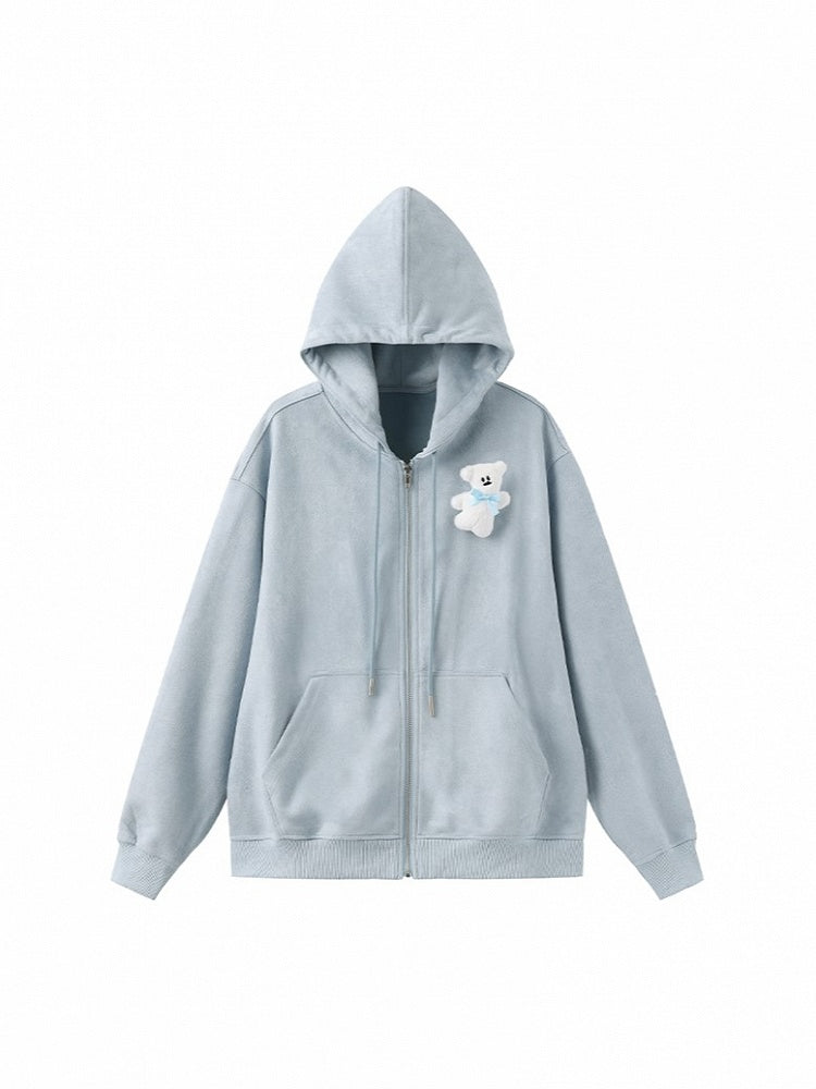 Drawstring Hood Bear Relaxed Jacket with Toy Fit Blue White