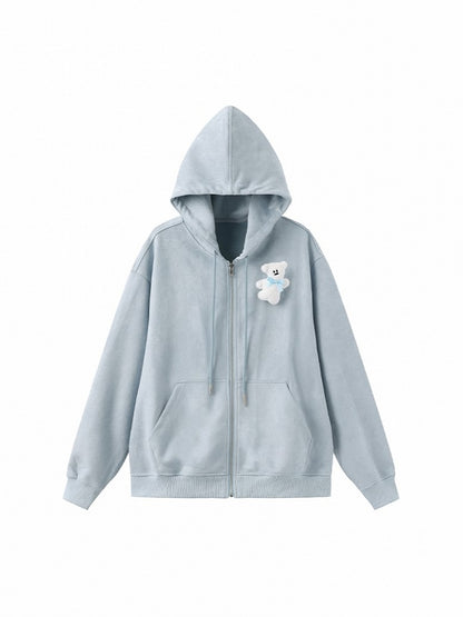 Drawstring Hood Bear Relaxed Jacket with Toy Fit Blue White