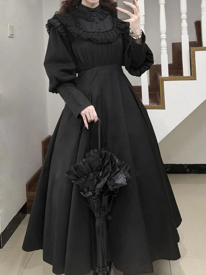 Long-Sleeve Black Dress Lolita Ruffled Waist Classic High Elegant