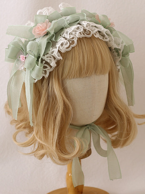 White Green Hairband Lace Gorgeous Bowknot With Sweet Lolita Camellias Pink