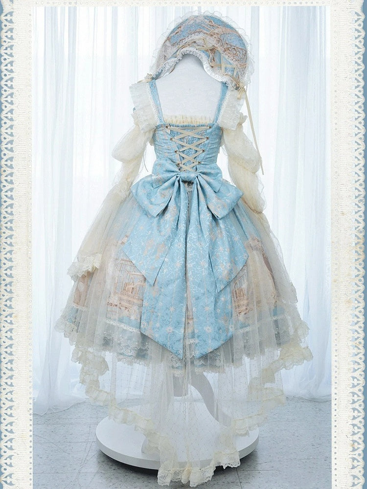 with Skirt Dress Classic Elegant Unicorn Lolita Beaded Chain Print and Waist Blue Overlay