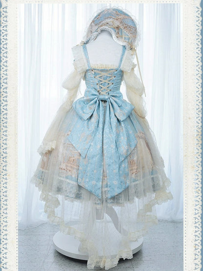 with Skirt Dress Classic Elegant Unicorn Lolita Beaded Chain Print and Waist Blue Overlay