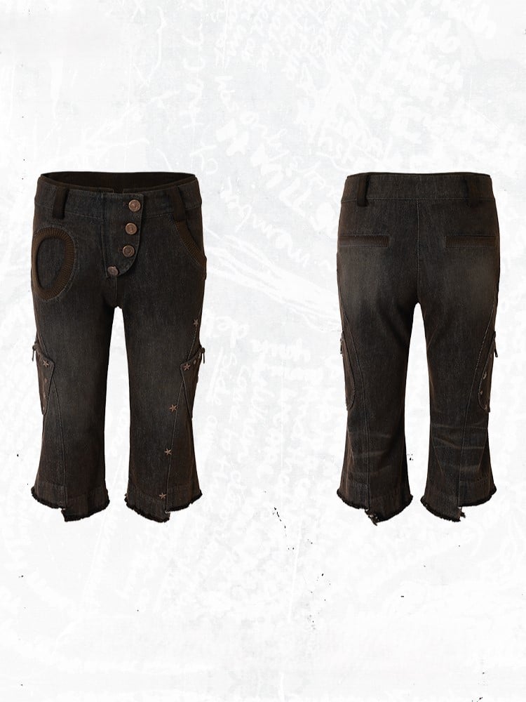 Capris Asymmetrical Denim with Punk Star Distressed Black Vintage Wasteland Pockets Studs