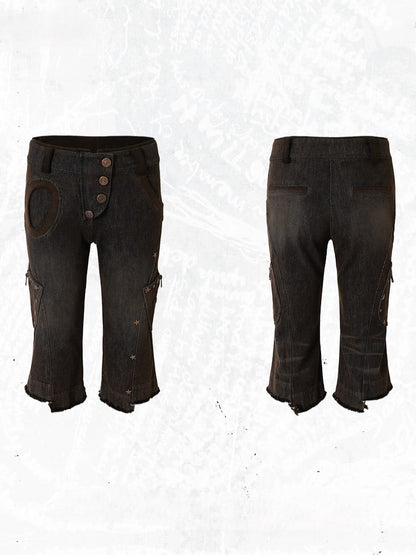 Capris Asymmetrical Denim with Punk Star Distressed Black Vintage Wasteland Pockets Studs