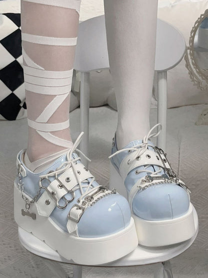 Tenshi Kaiwai Light Blue Y2K Bone Buckle Strap Platform Shoes