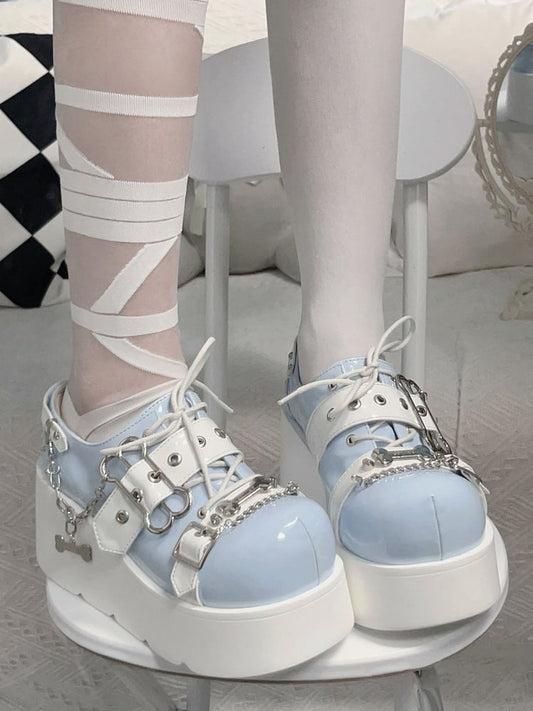 Tenshi Kaiwai Light Blue Y2K Bone Buckle Strap Platform Shoes