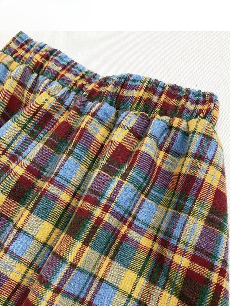 レインボーチェック柄ポンポン裾ミディ丈ヴィンテージスカート