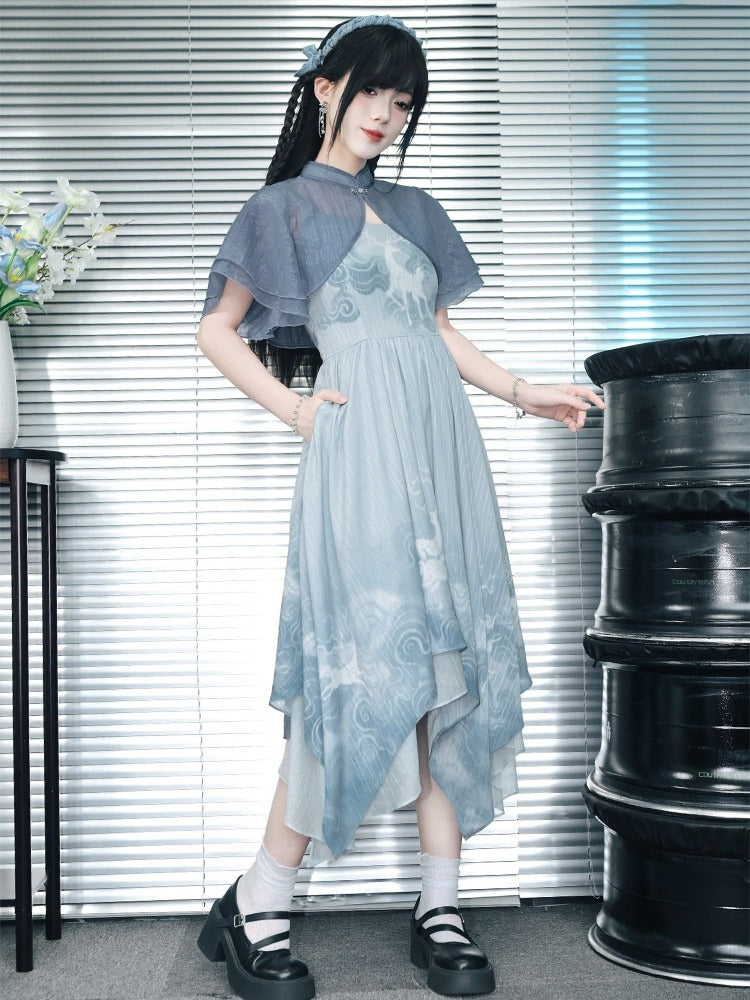 Blue Chiffon Cami Dress with Deer Print & Asymmetric Hem - Quirky Hut