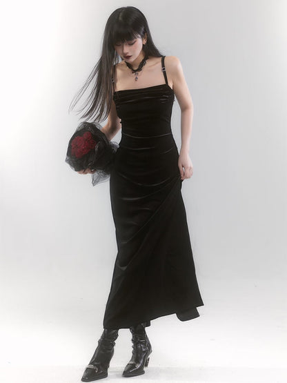 Black Velvet Side Slit Slip Dress