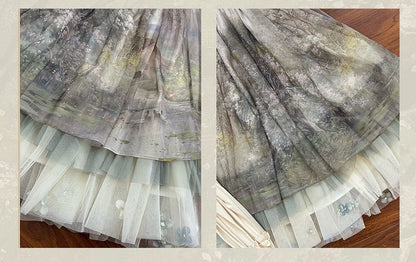 Green Oil Painting Print Flowers Tulle Hemline Lolita Skirt