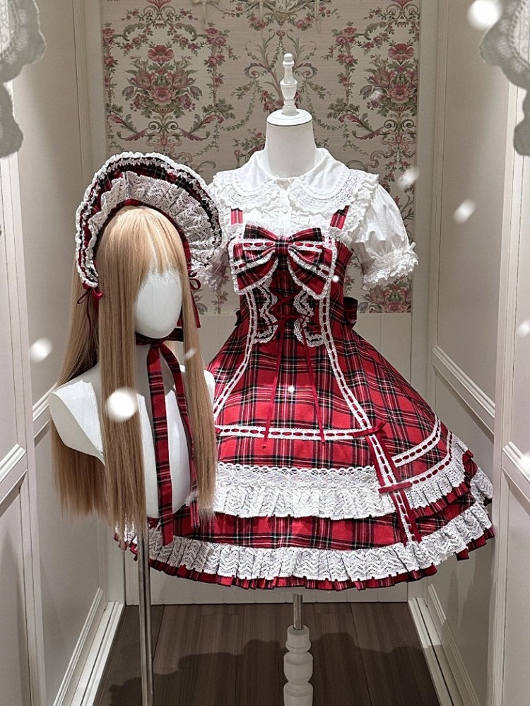 Red-White Plaid Cotton JSK Dress with Ribbon Accent