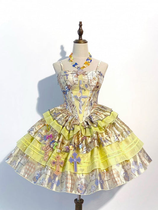 Y2K Corset Lolita Dress Yellow Print JSK and Rosette Cross