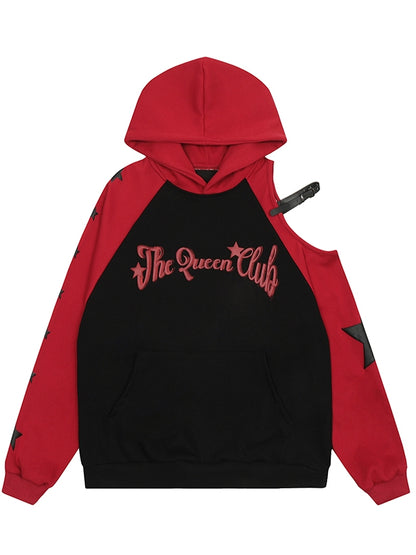 Kapuzenpullover mit Buchstaben-Print und Colorblock-Design und ausgeschnittenen Schultern