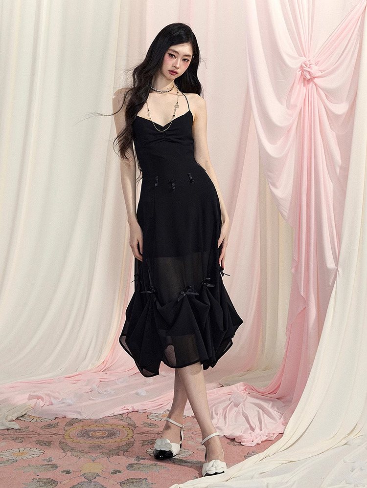 Black Halter Neck Dress Slip Ways Accents Two V-Neck Bowknot Chiffon Wear Backless
