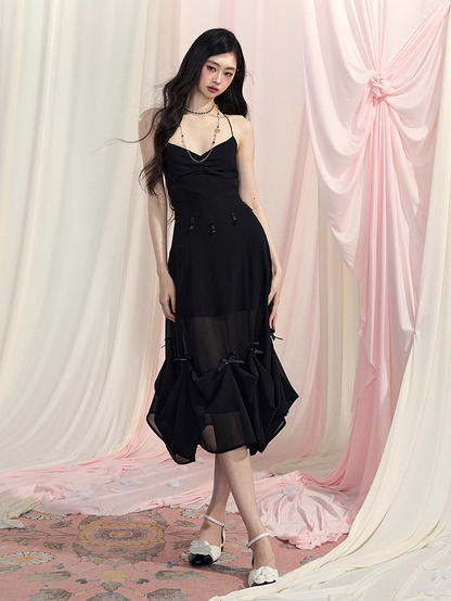 Black Halter Neck Dress Slip Ways Accents Two V-Neck Bowknot Chiffon Wear Backless
