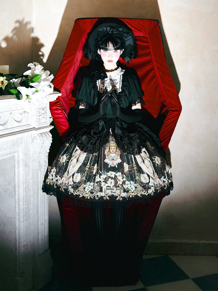 Lily and Puppet Doll Print Black Dark Gothic Lolita Short Sleeves Dress