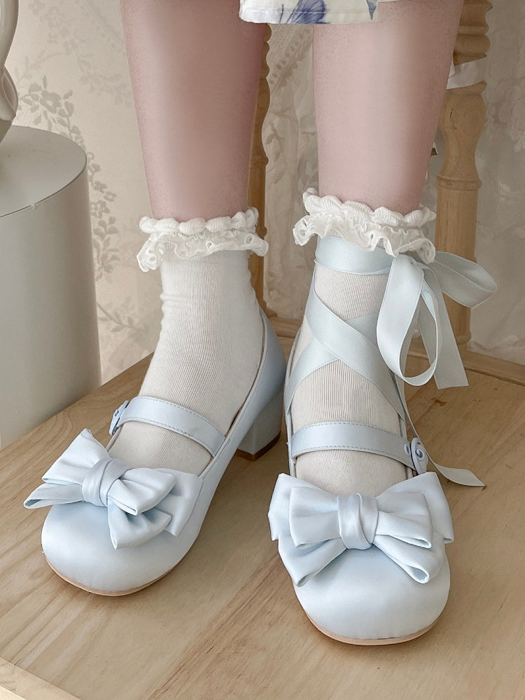 Toe Blue Ankle Mid-heel Round Top Janes Bow - at Mary Lace-up