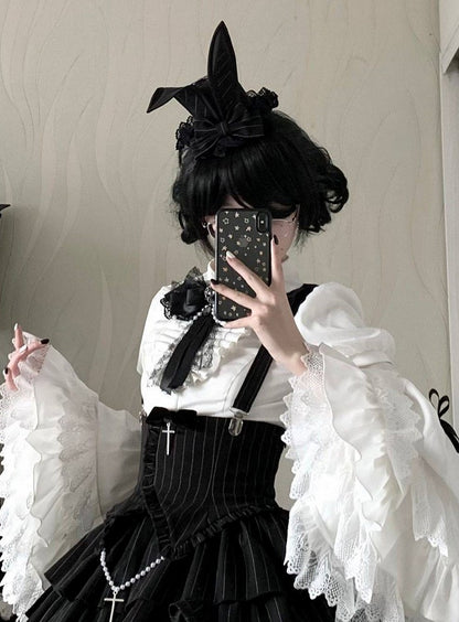 Details with Hat Design Mini Ear and Lace Bunny Lolita Bow Black