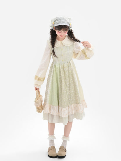 Light Sleeves	Tiered Mori Kei Green Plaid Flutter Skirt Sleeveless Dress