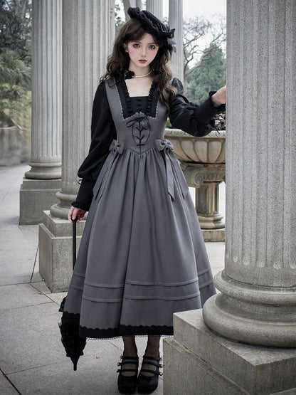 Elegantes Lolita-Kleid mit quadratischem Ausschnitt und langen Bischofsärmeln in Schwarz und Grau