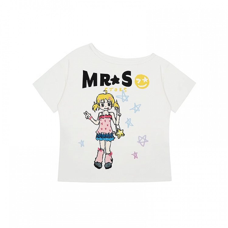 Bedrucktes schwarz-weißes T-Shirt mit asymmetrischem Ausschnitt und Vintage-Cartoon-Print