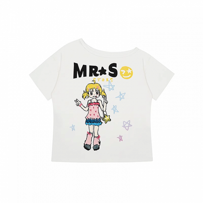 Bedrucktes schwarz-weißes T-Shirt mit asymmetrischem Ausschnitt und Vintage-Cartoon-Print