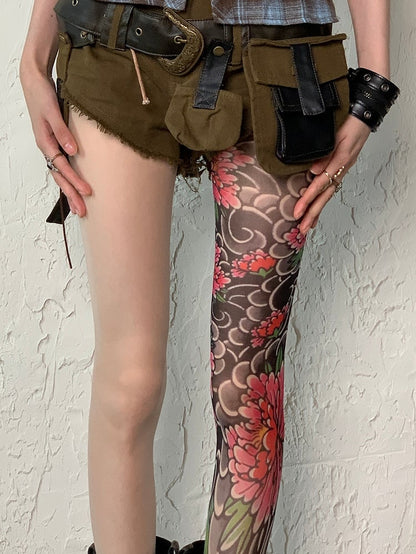 Print Asymmetrical Tattoo Nude Tights Floral Design Y2K