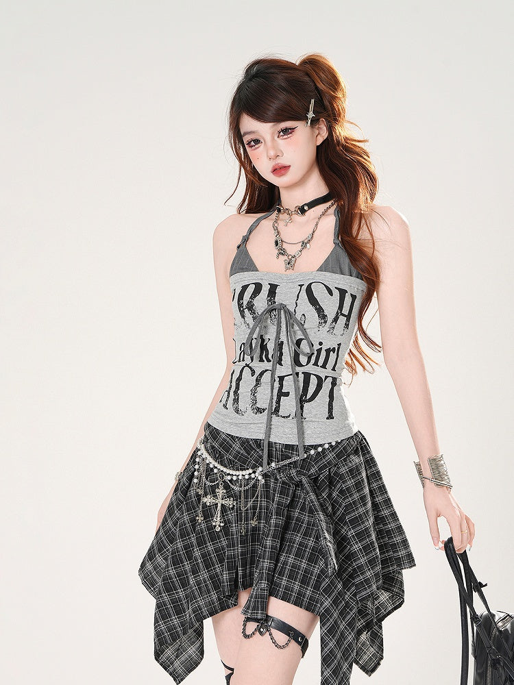 Faux Neckholder Zweiteiler Buchstaben Rot/Grau Top Print