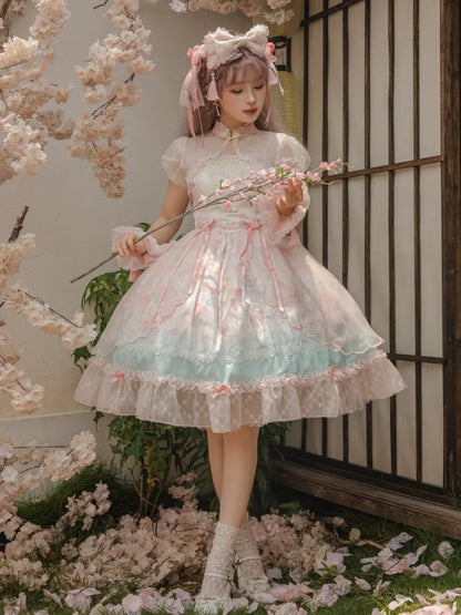 Rosa Lolita-Kleid mit baskischer Taille, Pfirsich- und Pfirsichblüten-Print JSK