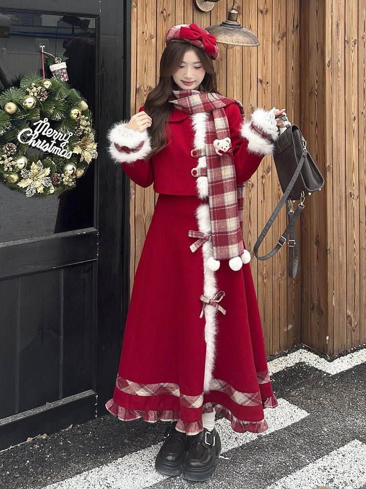 Elegant Plaid Classic + Lolita Skirt Hem Trim Fur Ruffle Scarf Faux Top Set Red