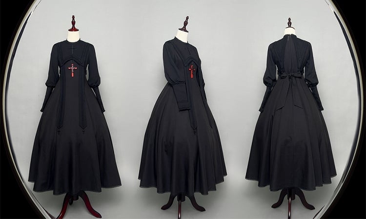 Embroidery Nun Halloween Sleeves Leg-of-Mutton Dress Black Outfits Lolita Cross