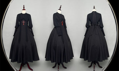 Embroidery Nun Halloween Sleeves Leg-of-Mutton Dress Black Outfits Lolita Cross