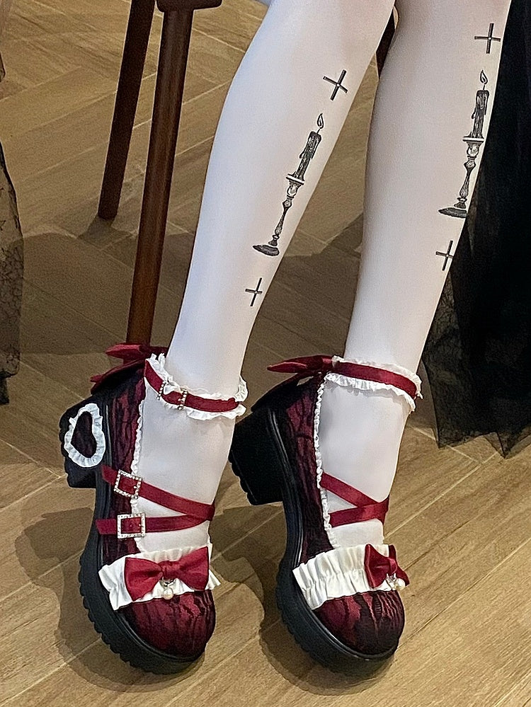 Rhinestone-Embellished Buckle with Ruffles Trim & Heart Applique Heel Wine Red Platform Mid-heel Mary Janes  in Elegant Lolita