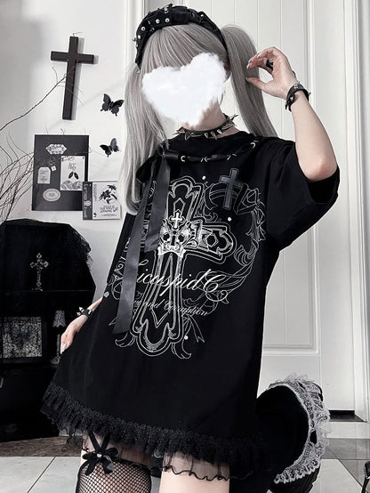 Ribbon Cross Print T-Shirtwith Bow Black NecklineWhite Cotton Gothic