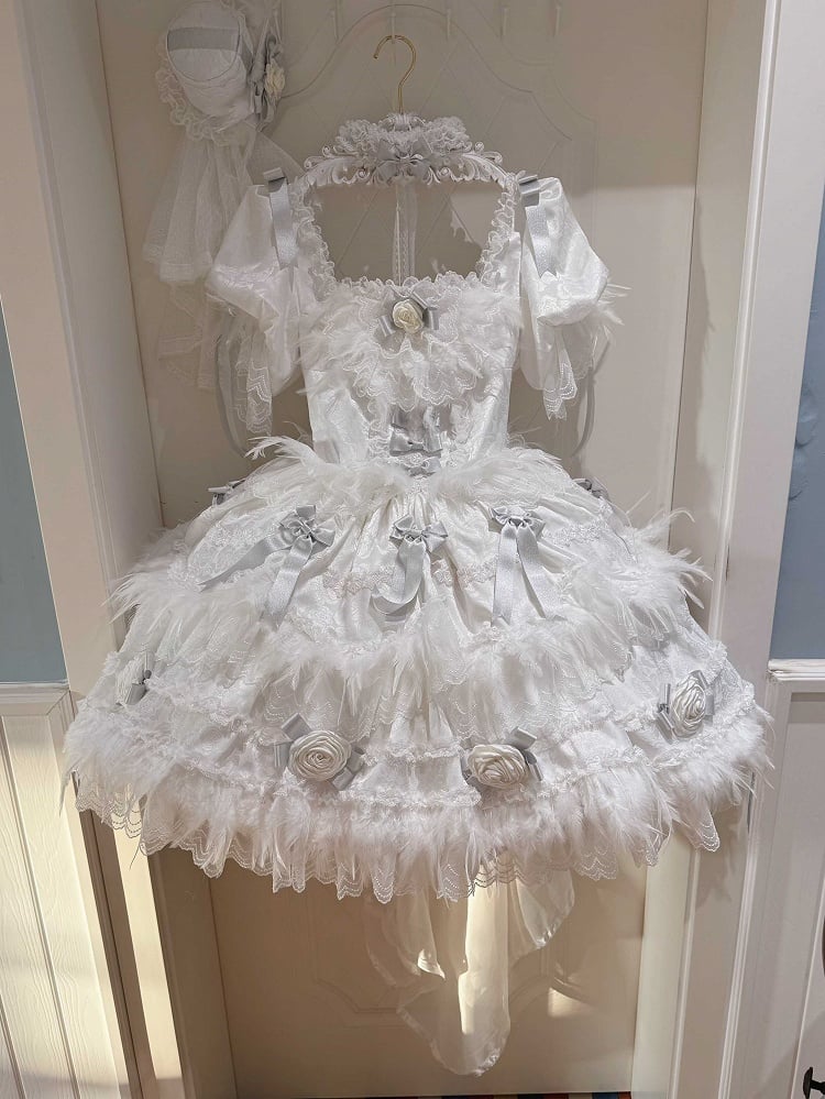 Rose Bow Lolita White Feather-Adorned and with Hime Accents Dress