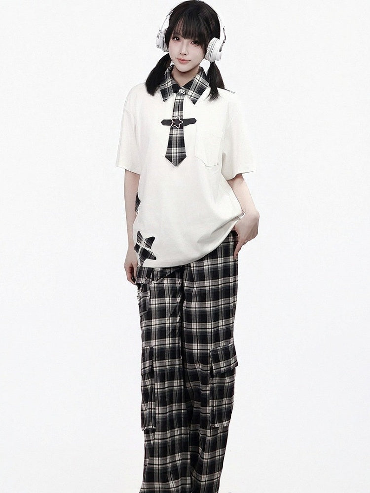 Preppy Plaid Star Patch Top with Tie Details - PINK SAVIOR