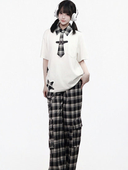 Preppy Plaid Star Patch Top with Tie Details - PINK SAVIOR