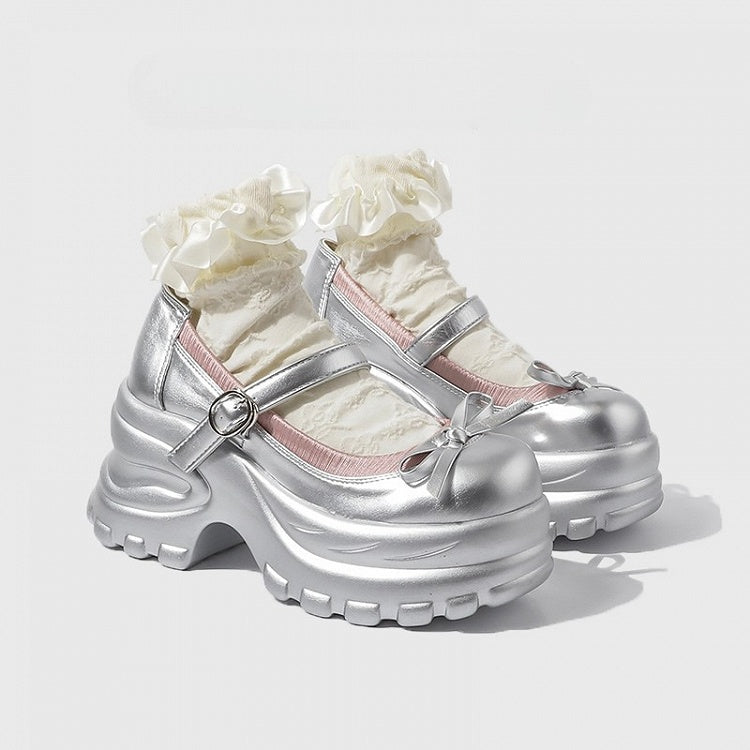 Janes at Chunky Top Mary Style Sole Silver Knotted Bow with Preppy