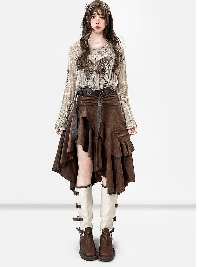 コーヒーヘムウェイストランドアシンメトリースカートブラウンパンク