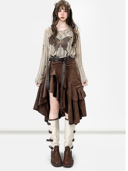 コーヒーヘムウェイストランドアシンメトリースカートブラウンパンク