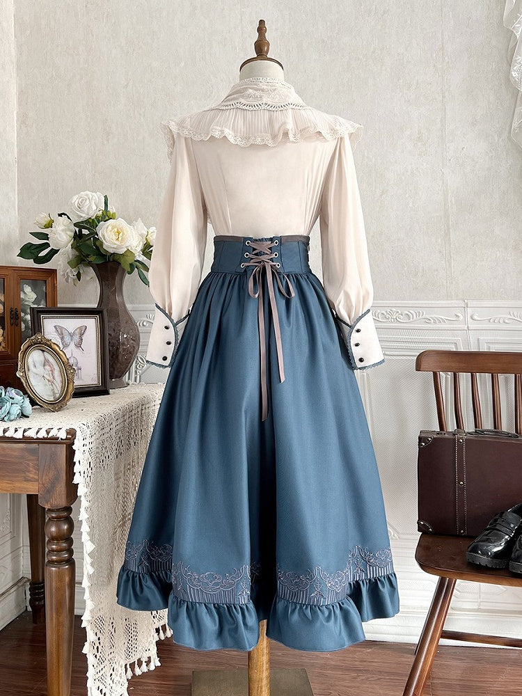 Preppy Beige & Blue Bow Lolita Blouse + High-Waist Skirt + Cape Ensemble - Xiong Dou Jiang