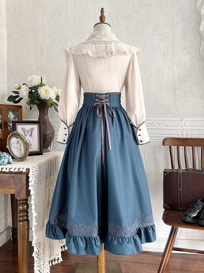 Preppy Beige & Blue Bow Lolita Blouse + High-Waist Skirt + Cape Ensemble - Xiong Dou Jiang
