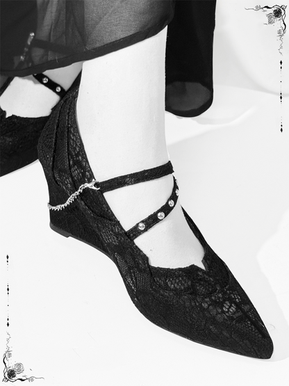 Gothic Cross Shoes Heel Black with Jane 7cm Dark Lace Chunky Embroidery Mary